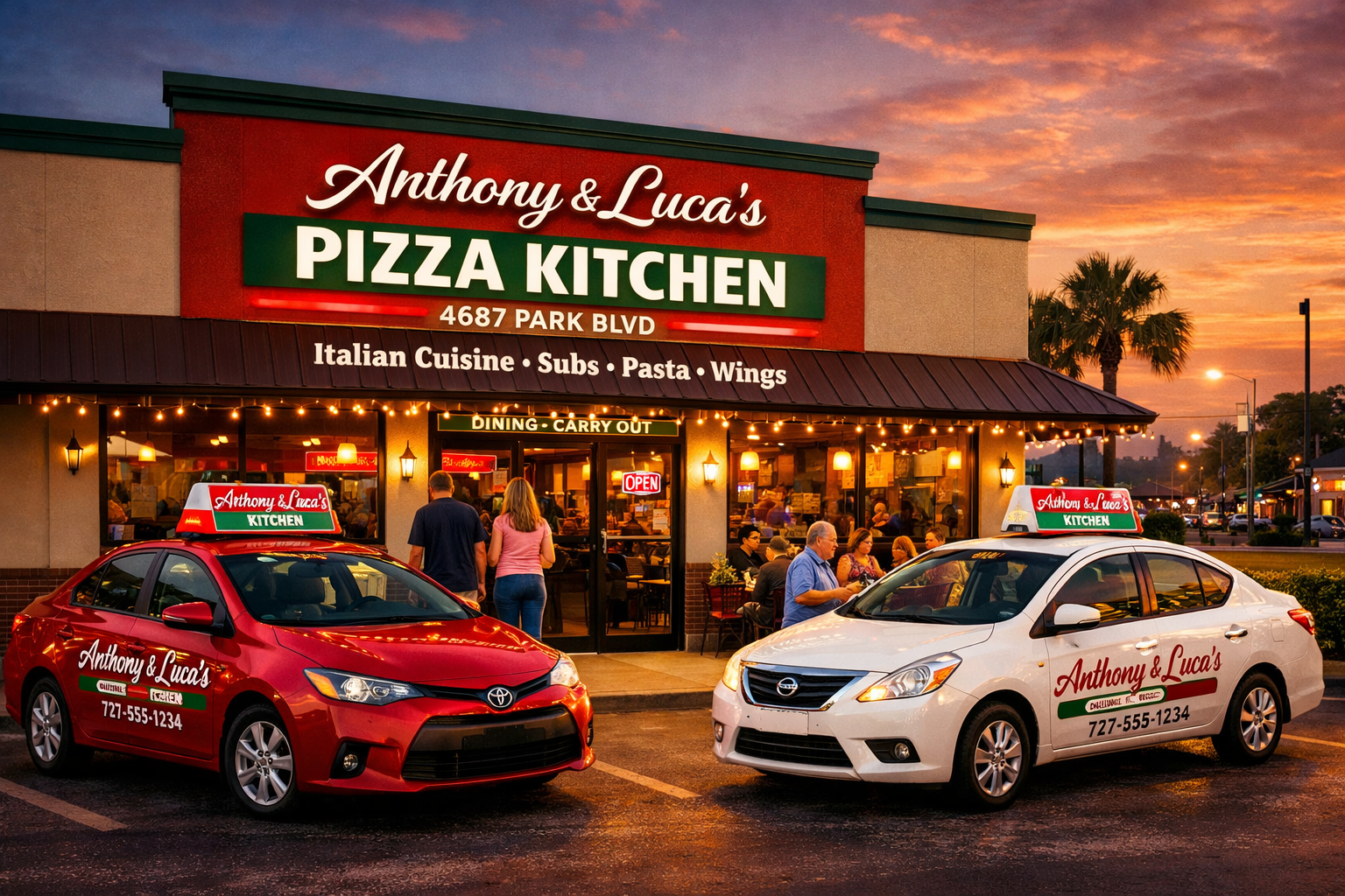 Landscape format (1536x1024) image showing Anthony & Luca's Pizza Kitchen exterior at 4687 Park Blvd Pinellas Park with prominent signage, d