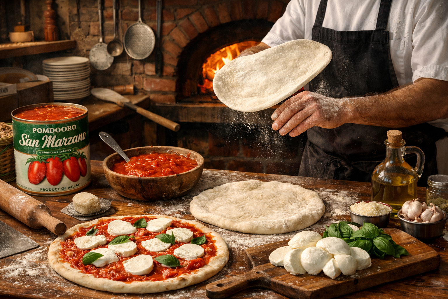 Detailed landscape format (1536x1024) image of New York style pizza being prepared in Anthony & Luca's kitchen, showing hand-tossed dough, f