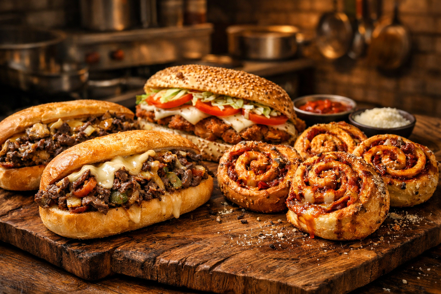 Professional landscape format (1536x1024) image featuring Anthony & Luca's signature ribeye cheesesteaks on authentic Philadelphia rolls, ch