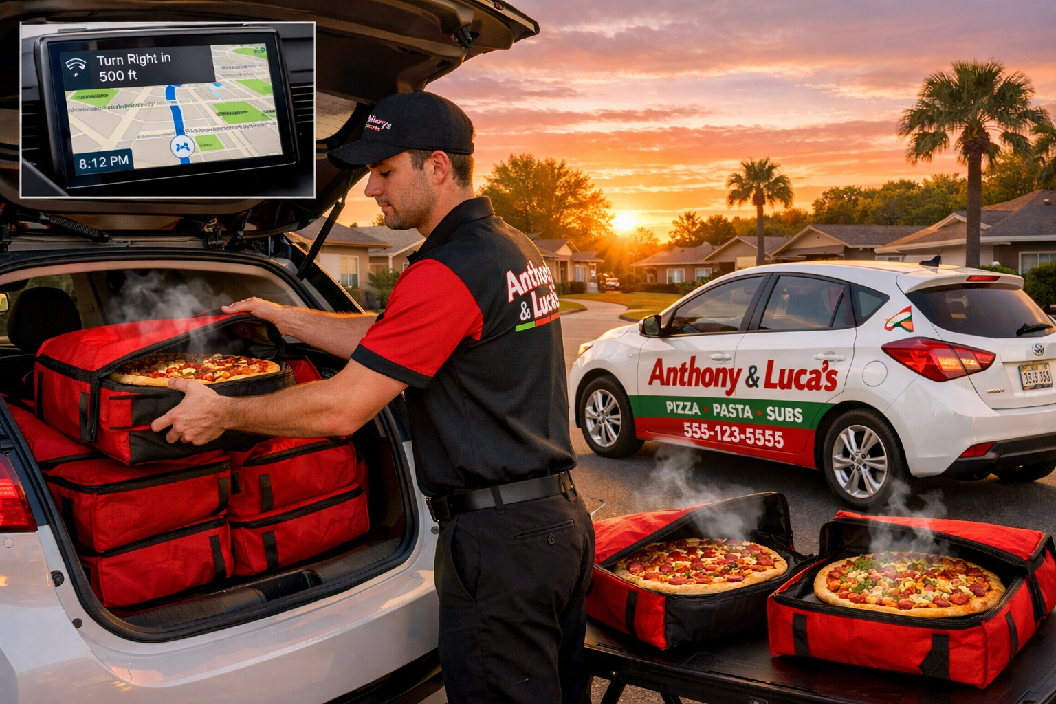 Landscape format (1536x1024) image showing Anthony & Luca's delivery process - driver loading insulated bags into vehicle, GPS navigation sy