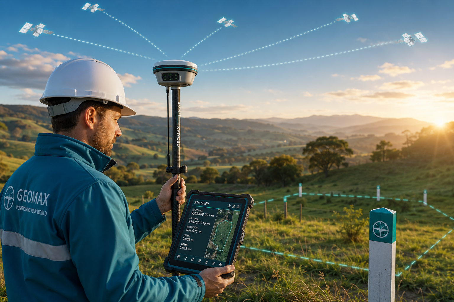 Wide-angle () showing a professional surveyor outdoors holding a GNSS RTK receiver with satellite signal graphics beaming