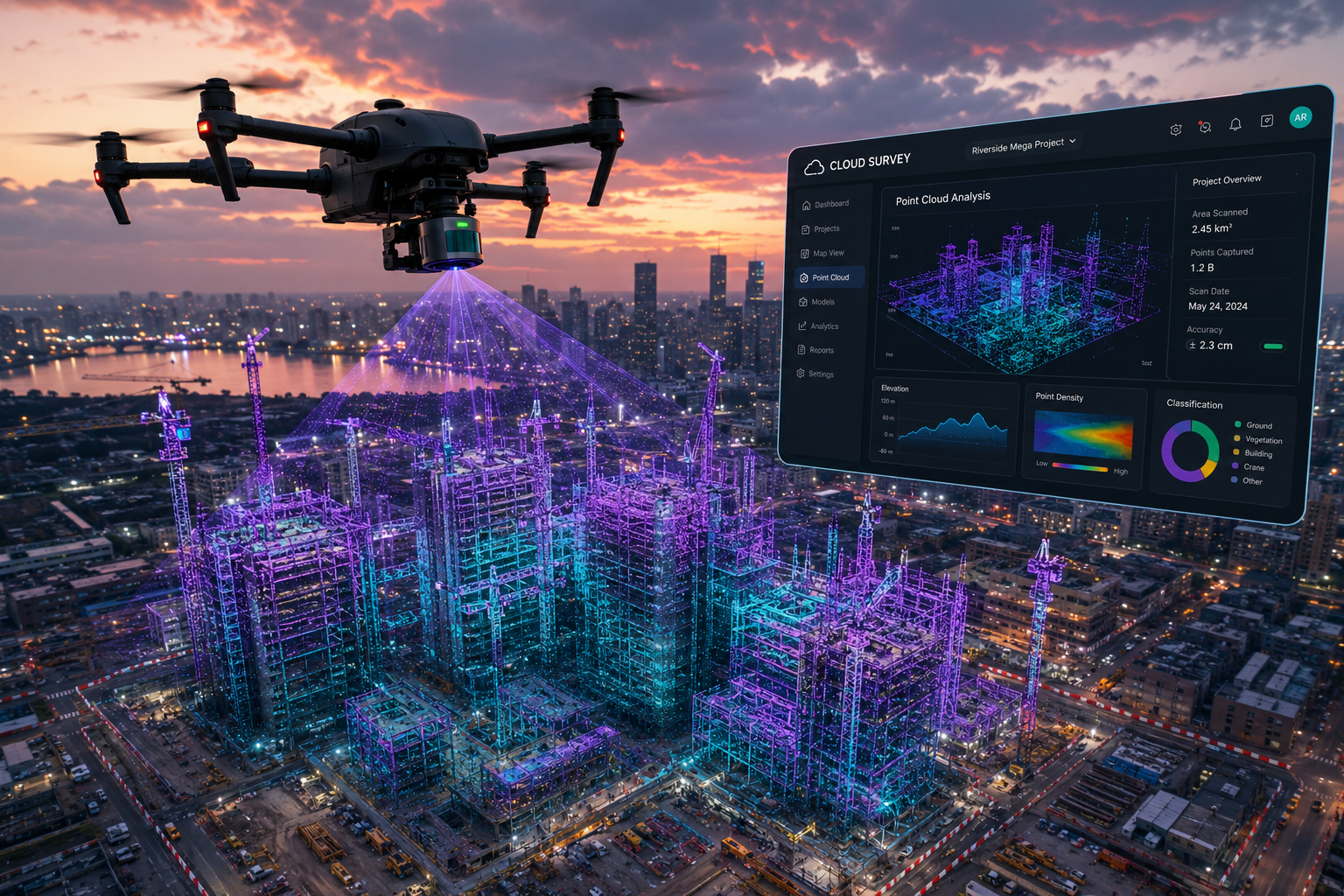 Aerial bird's-eye view () of a drone equipped with LiDAR sensors scanning a dense urban construction site, 3D point cloud