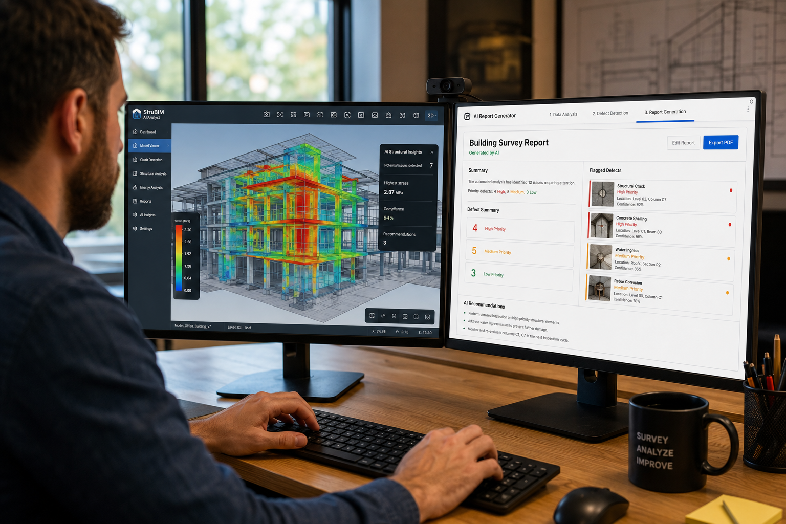 Close-up () of a surveyor in an office environment using AI-powered building survey software on dual monitors, one screen
