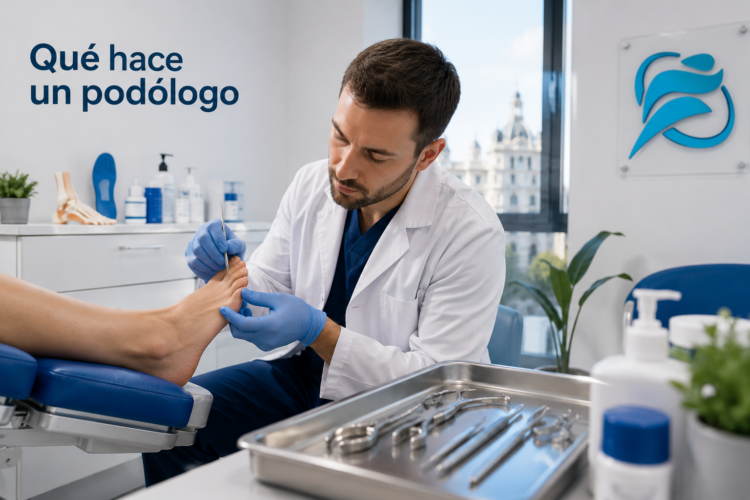 () editorial illustration showing a professional podiatrist in white coat examining a patient's foot with clinical
