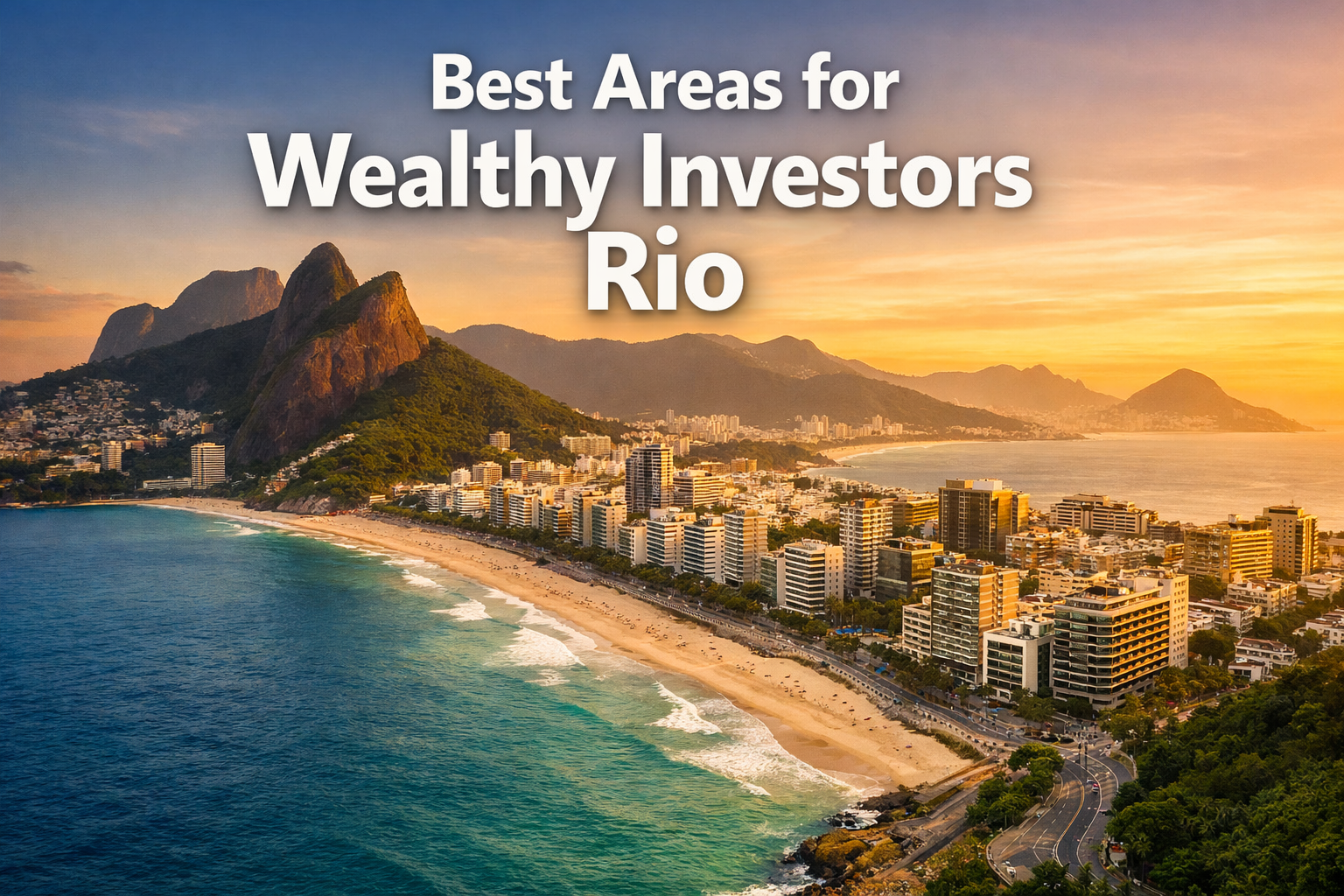 Professional landscape format (1536x1024) hero image featuring bold text overlay 'Best Areas for Wealthy Investors Rio' in extra large 72pt 
