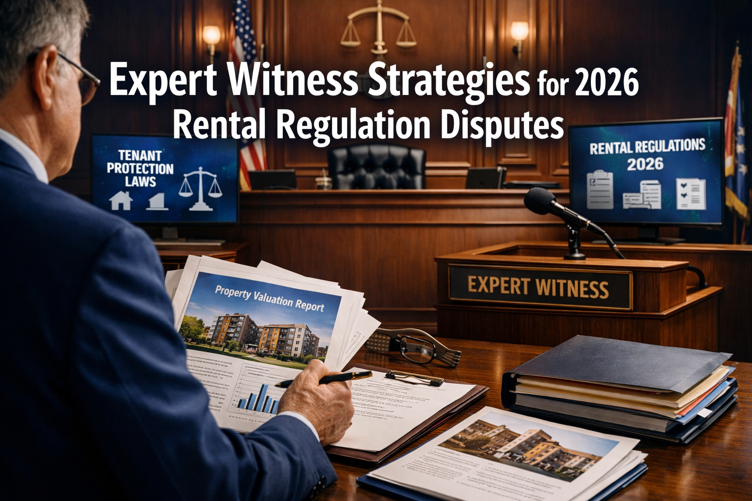 Professional () hero image with 'Expert Witness Strategies for 2026 Rental Regulation Disputes' in extra large white with
