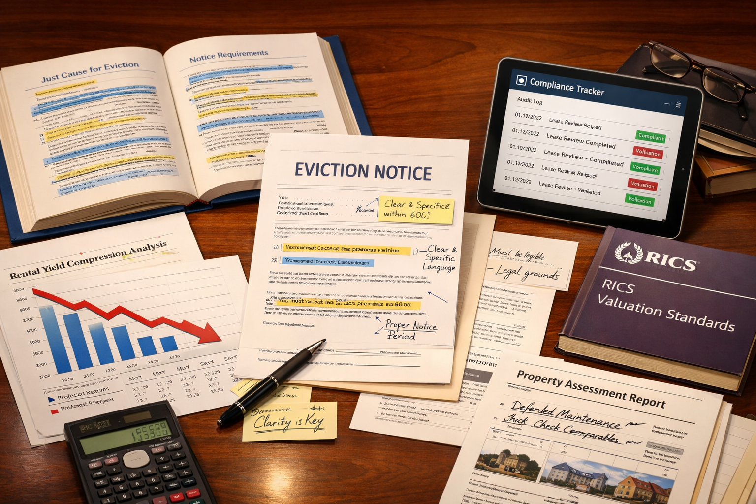 Detailed () image showing close-up of expert witness testimony preparation materials spread across mahogany desk surface.