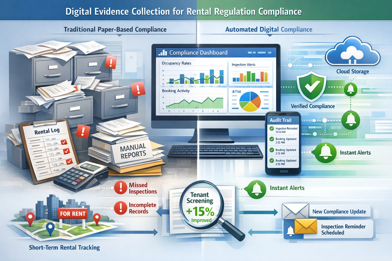 Comprehensive () infographic-style visualization demonstrating digital evidence collection systems for rental regulation