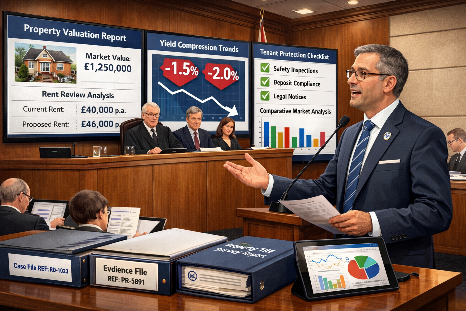 Detailed () conceptual illustration of expert witness courtroom testimony scenario for rental disputes. Scene shows