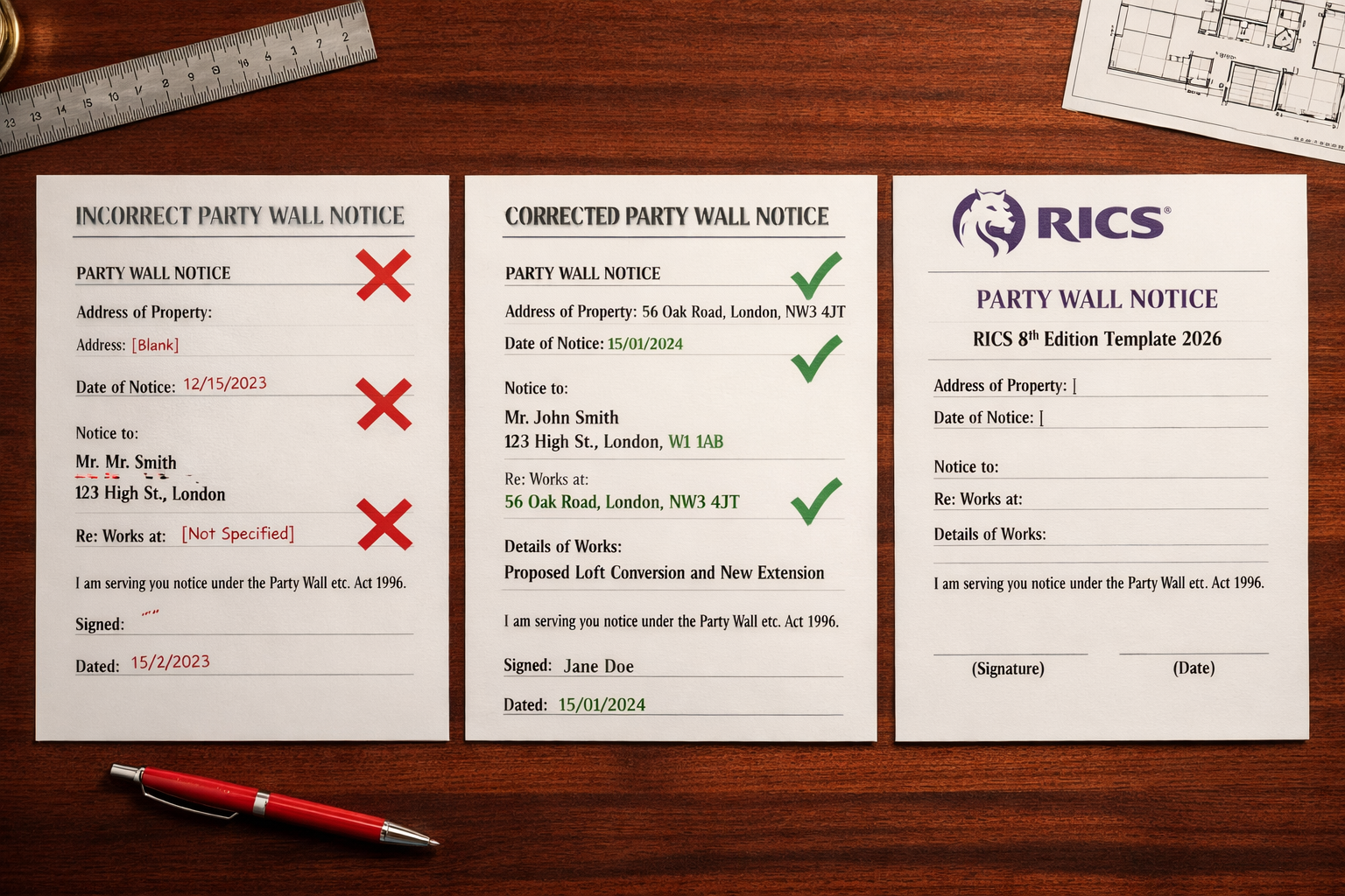 Overhead flat-lay photograph on a dark mahogany desk showing three party wall notice documents side by side: one marked with