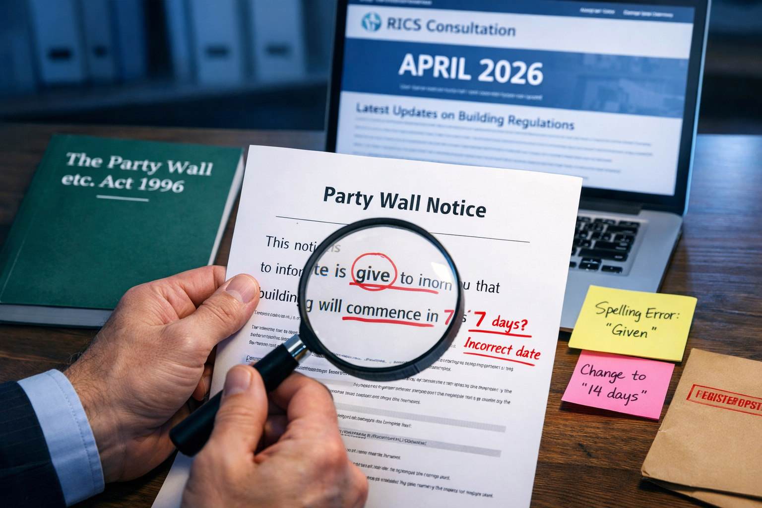 Close-up editorial photograph of a surveyor's hands holding a magnifying glass over a party wall notice document, revealing
