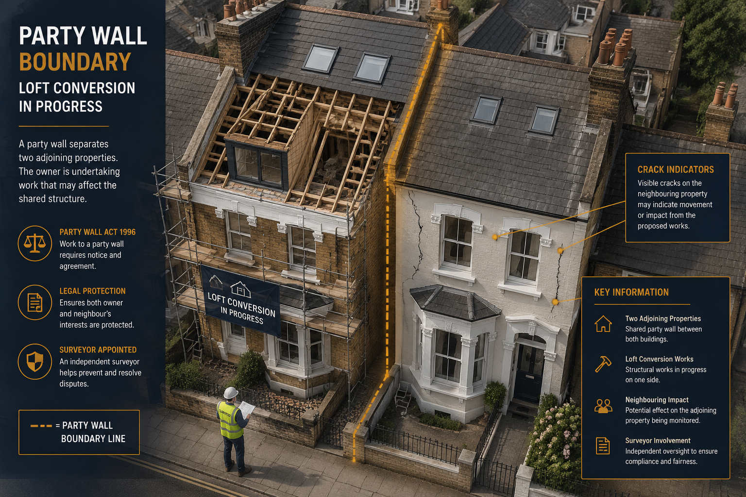 Aerial bird's-eye view illustration of two adjoining terraced London houses with a highlighted shared party wall boundary