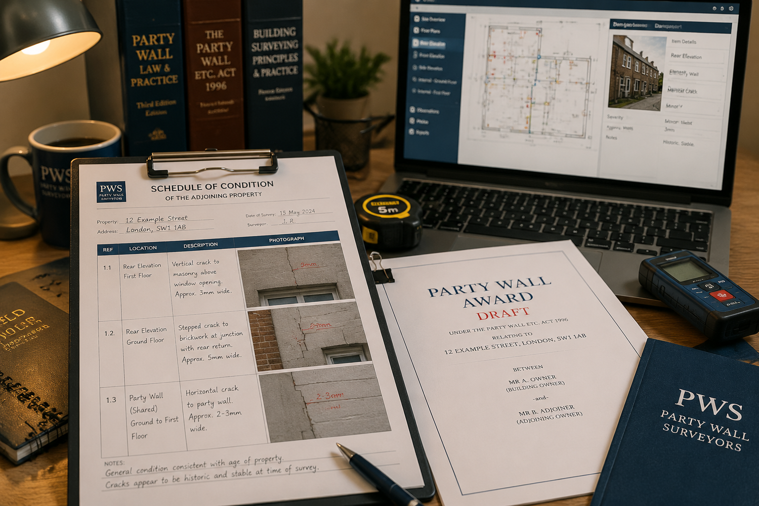 Close-up documentary-style photograph of a party wall surveyor's desk showing a Schedule of Condition report with annotated