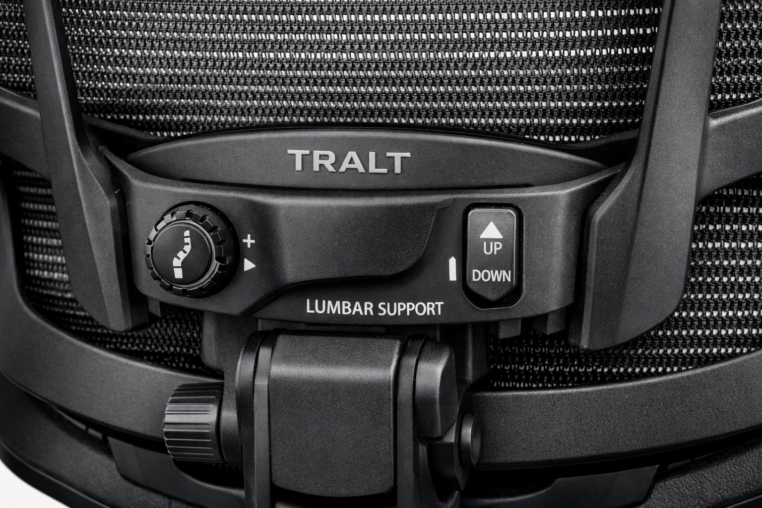TRALT Office Chair close-up of TRALT chair lumbar support adjustment mechanism and mesh backrest