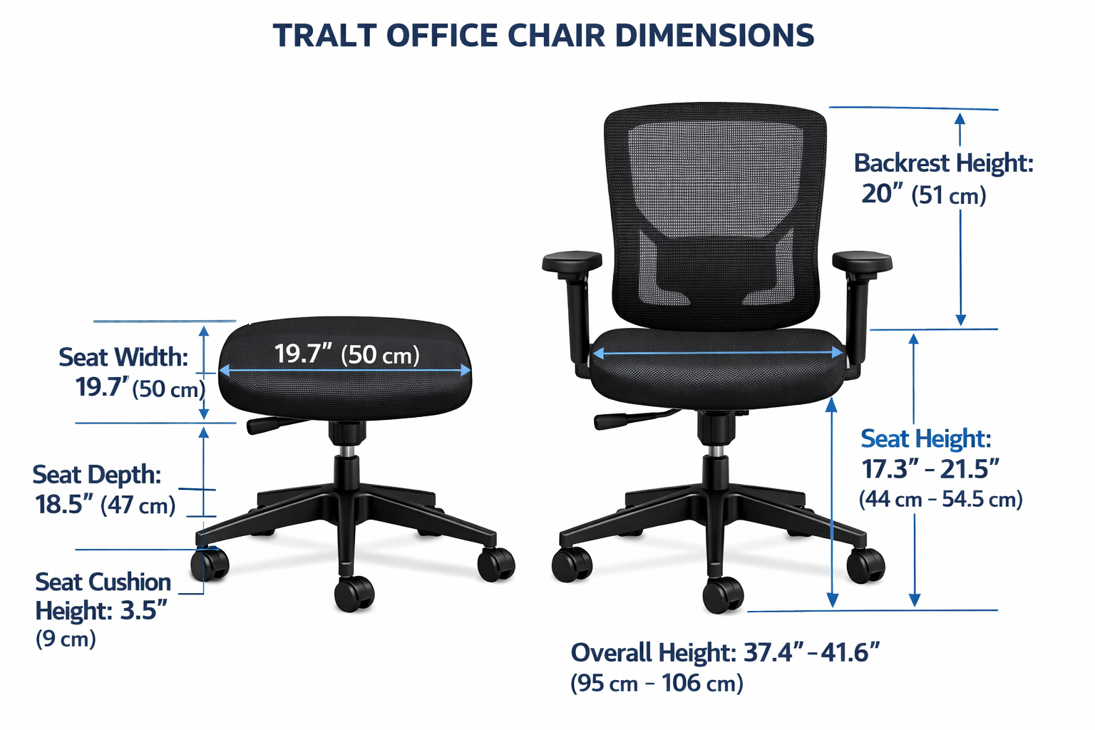 TRALT Office Chair TRALT office chair dimensions diagram showing seat measurements and height adjustability
