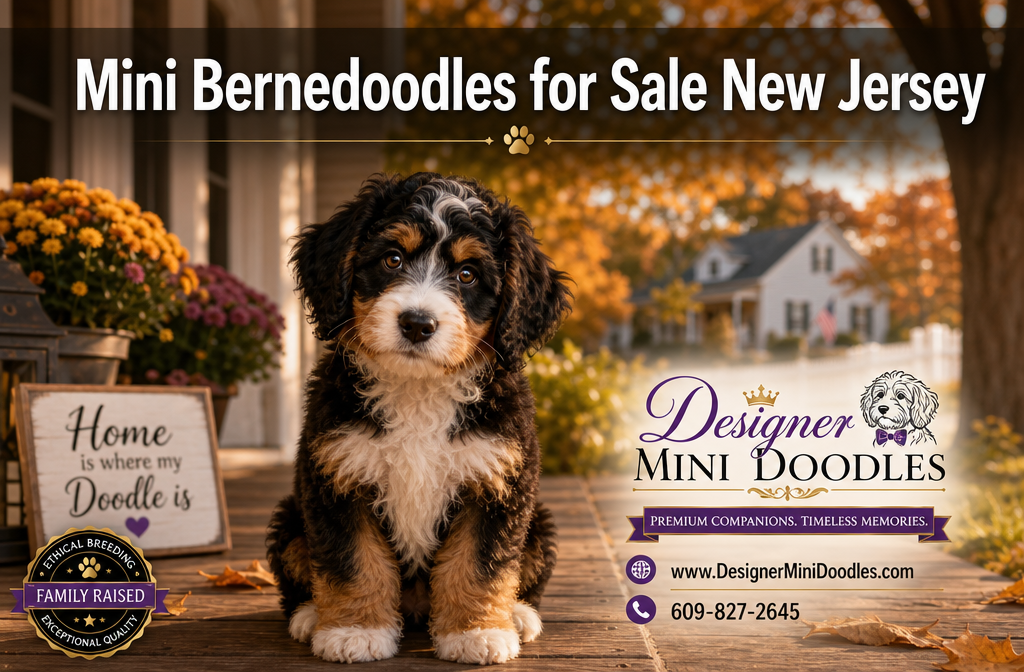 Professional () editorial hero image with 'Mini Bernedoodles for Sale New Jersey' in white with subtle drop , centered