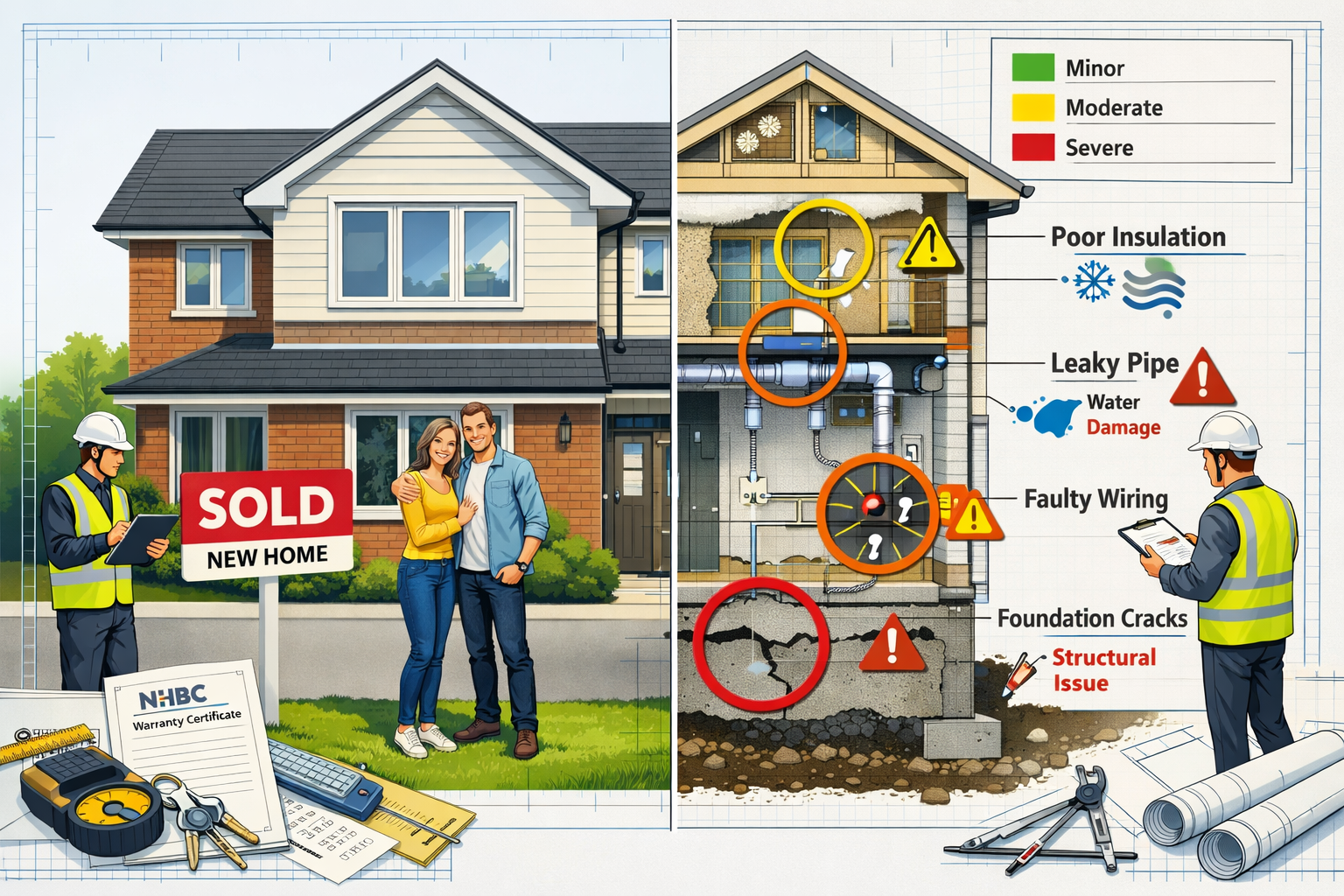 Landscape format (1536x1024) editorial image showing split-screen comparison: left side displays pristine new build home exterior with 'sold