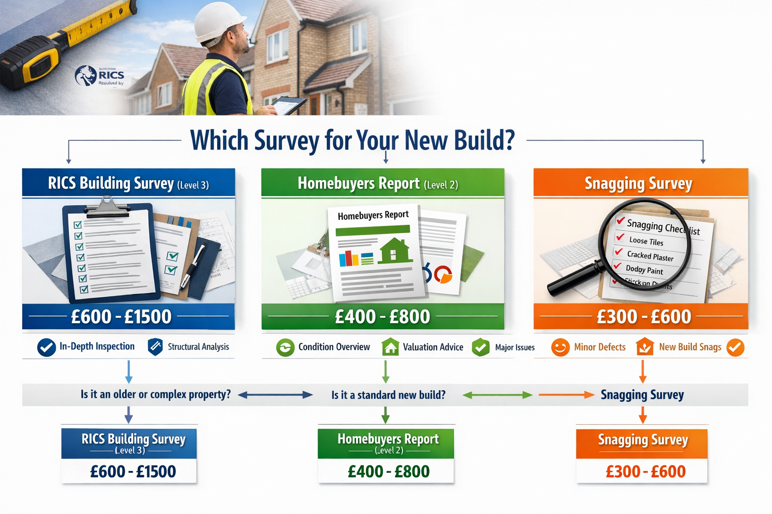 Landscape format (1536x1024) professional infographic showing three distinct survey types for new builds: RICS Building Survey (Level 3) rep