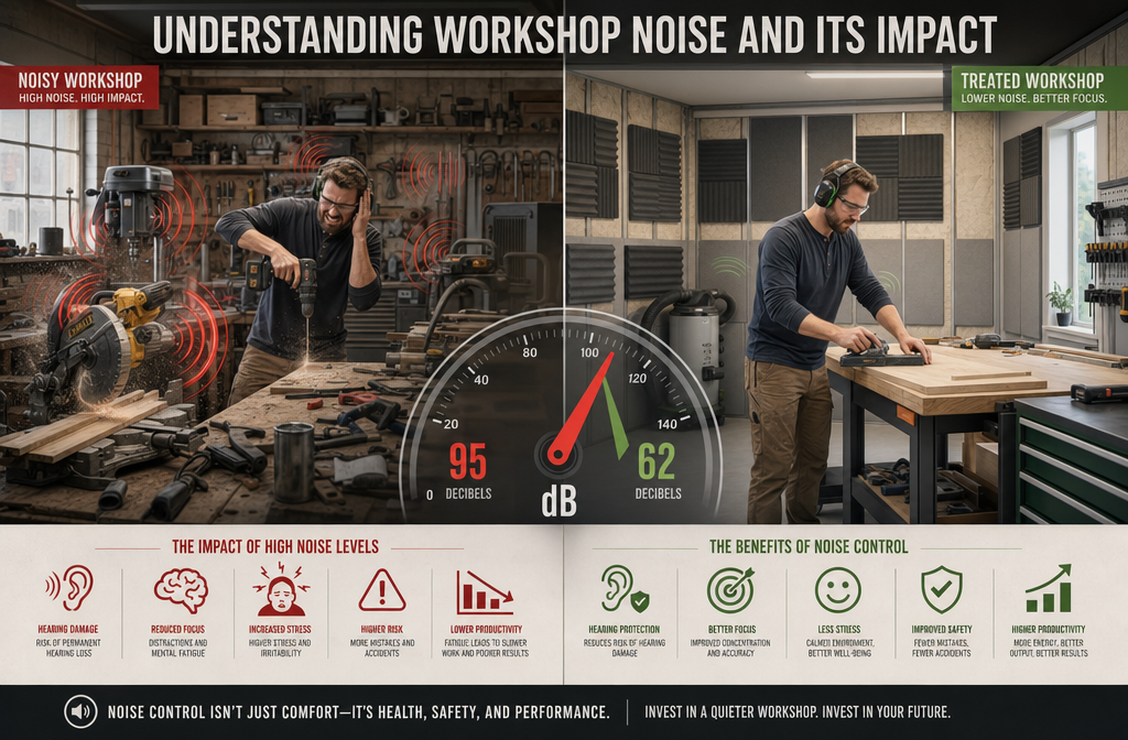 Detailed () image prompt for the 'Understanding Workshop Noise and Its Impact' section. The image depicts a visually