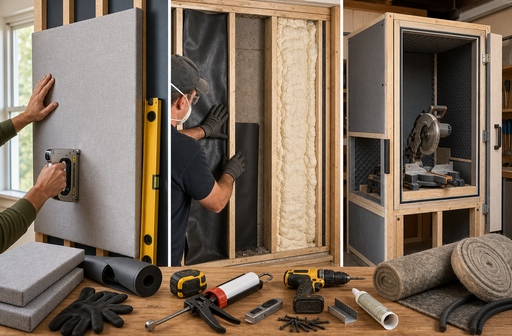 Detailed () image prompt for the 'Core Strategies for DIY Soundproofing' section. This image showcases a triptych or