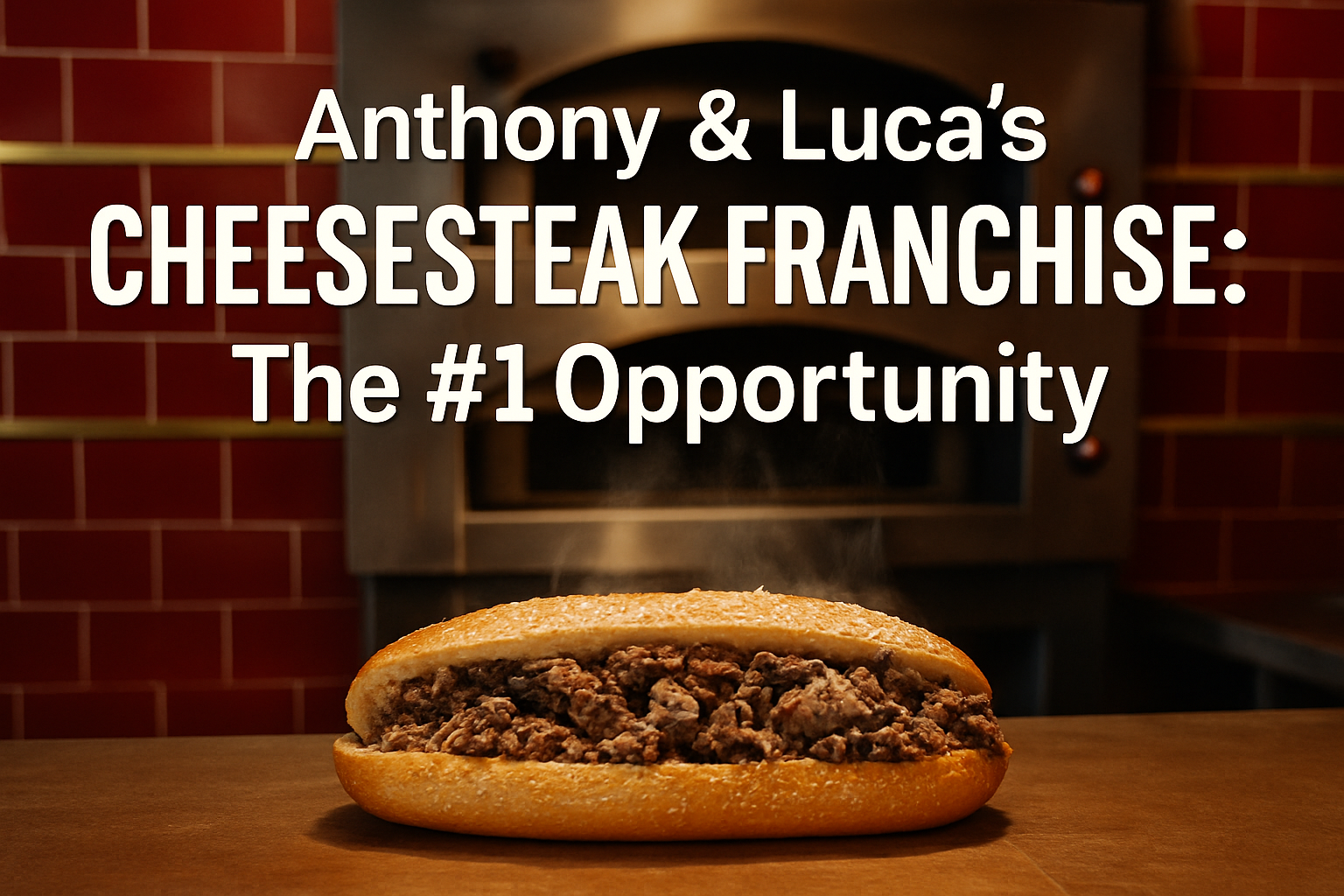 Professional landscape hero image (1536x1024) featuring bold text overlay 'Anthony & Luca's Cheesesteak Franchise: The #1 Opportunity' in ex