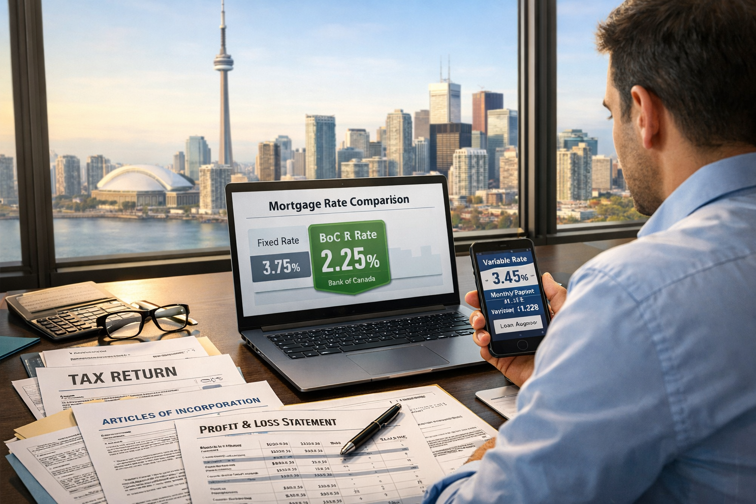 Detailed () image showing a professional self-employed individual working in a modern Toronto home office with large windows