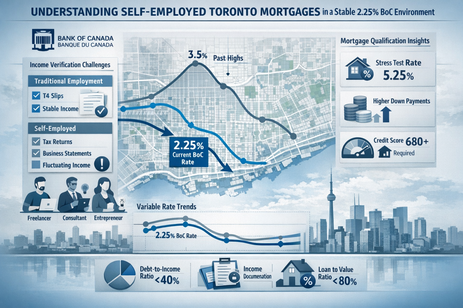 A professional editorial infographic visualizing 'Understanding Self-Employed Toronto Mortgages in a Stable 2.25% BoC