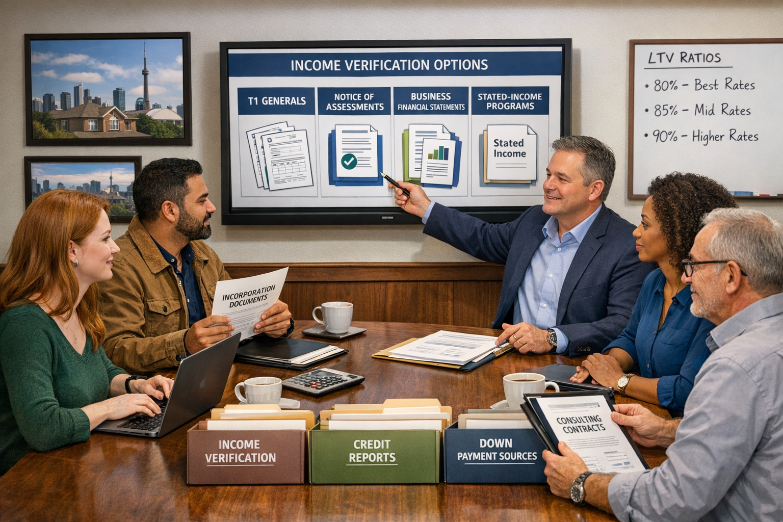 Detailed () image depicting a diverse group of self-employed professionals in a modern Toronto mortgage broker's office