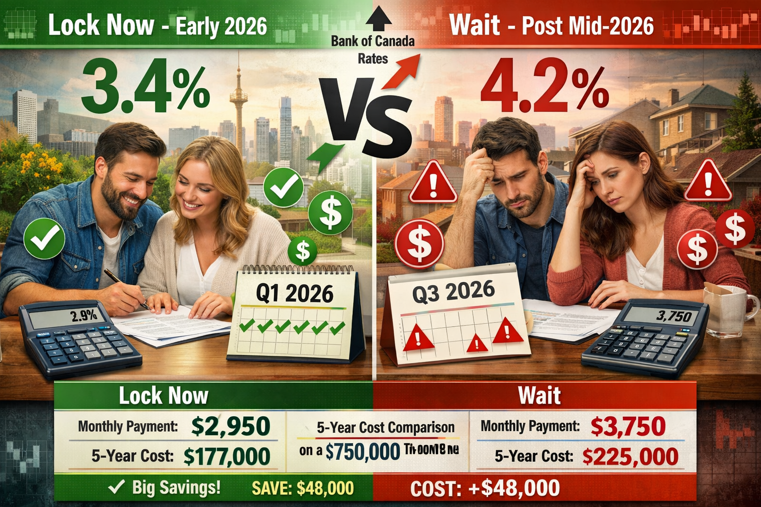 Detailed () split-screen comparison image contrasting two scenarios for Toronto homebuyers. Left side labeled 'Lock Now -