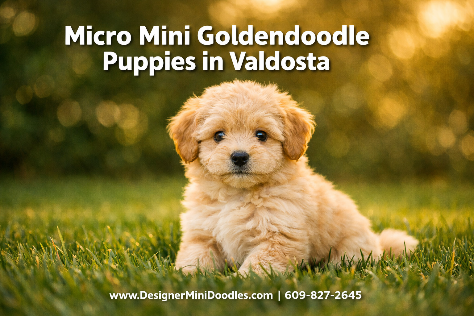 Professional () hero image with : 'Micro Mini Goldendoodle Puppies in Valdosta' in extra large white with dark drop ,