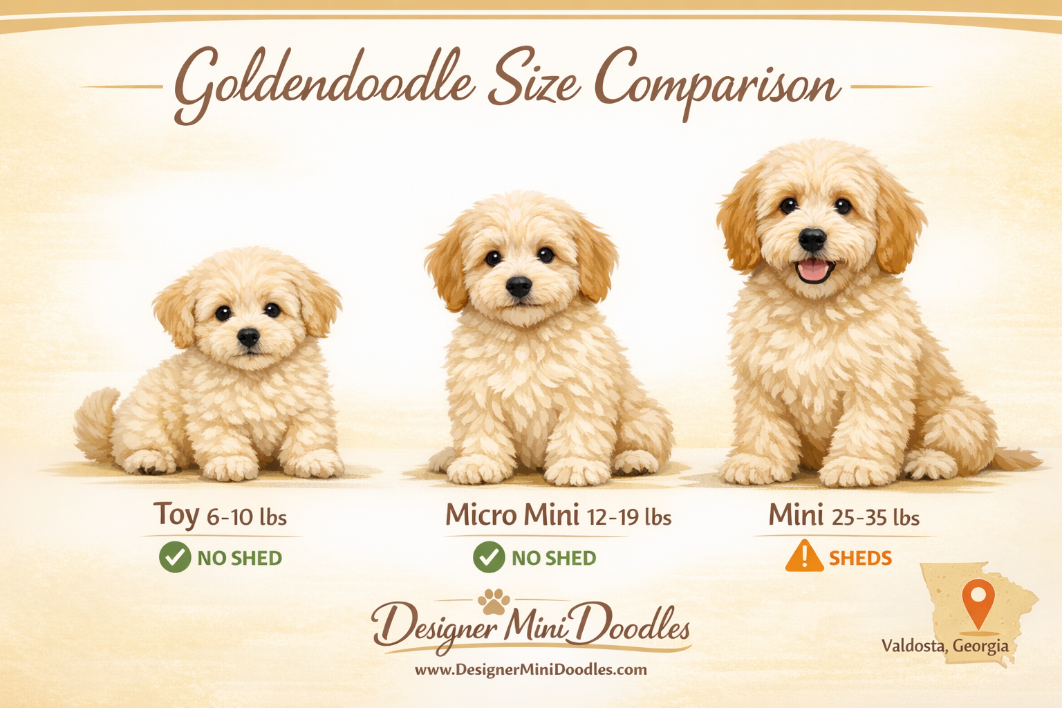 () editorial infographic showing three goldendoodle size tiers side by side: Toy (6-10 lbs), Micro Mini (12-19 lbs), Mini