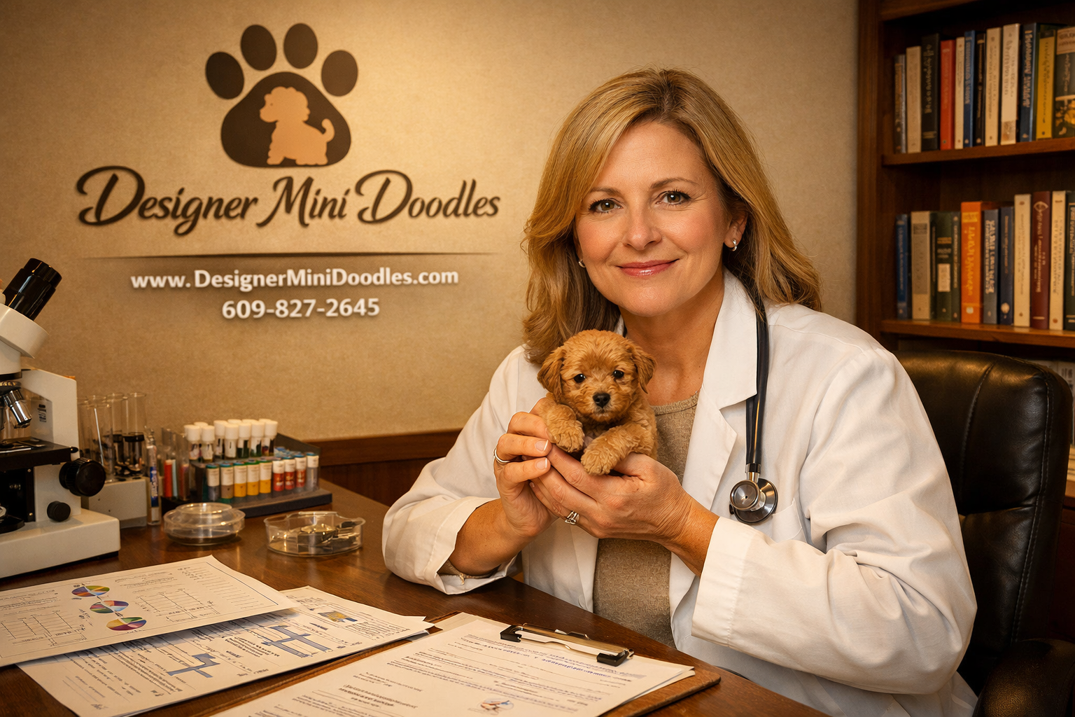 () showing a professional animal biology lab setting with a confident female scientist-breeder holding a tiny golden micro