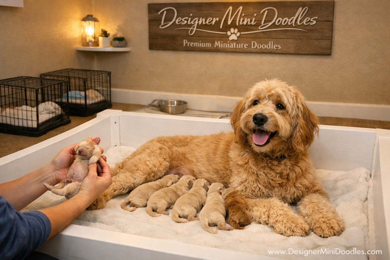 () showing a cozy whelping room with a golden mother goldendoodle nursing tiny newborn puppies on a clean white whelping
