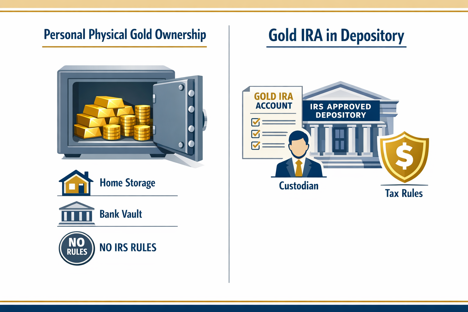 () editorial illustration showing a side-by-side comparison infographic: on the left, a home safe open with gold coins and