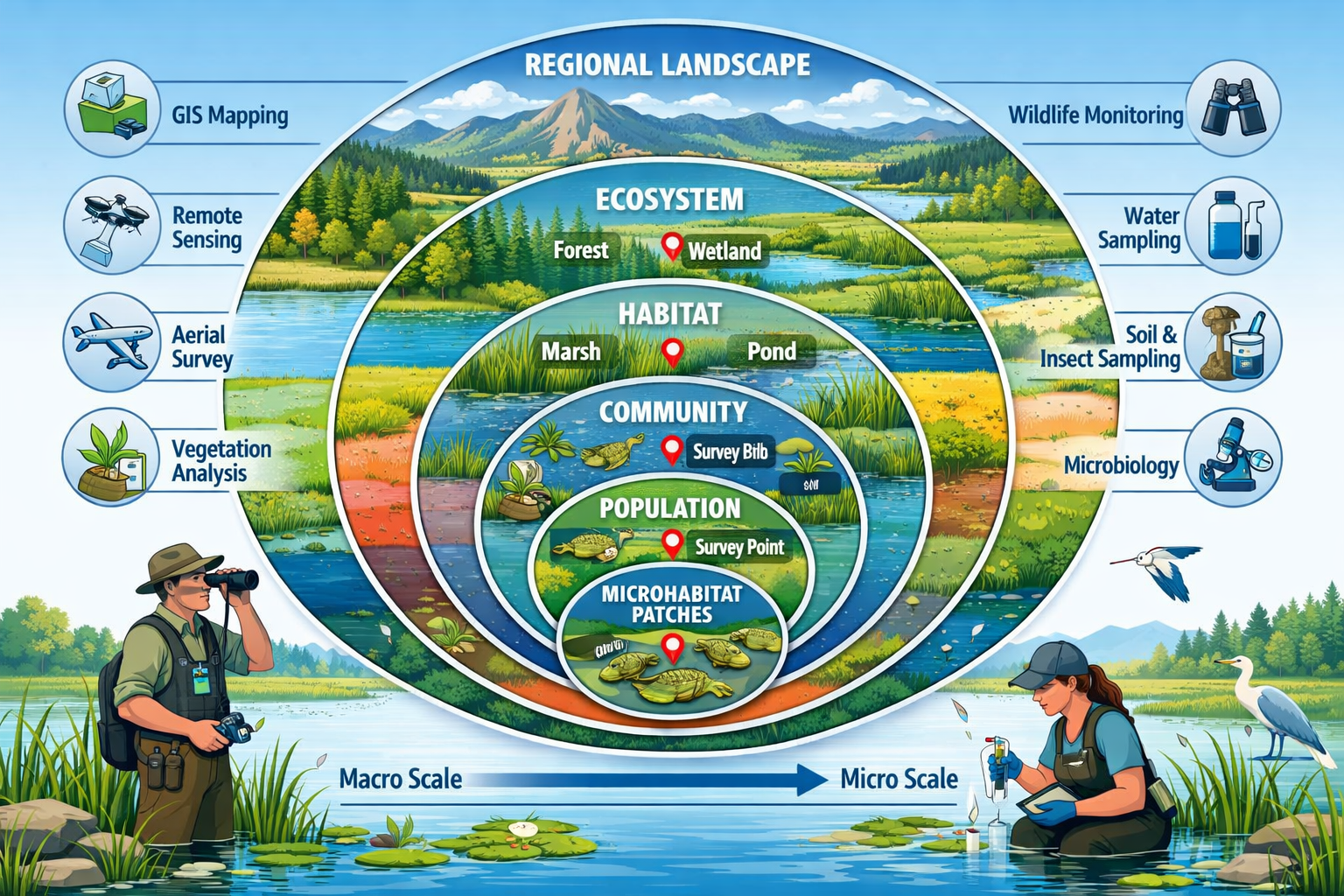 Detailed () illustration showing nested ecosystem hierarchy diagram with concentric circles representing macro to micro