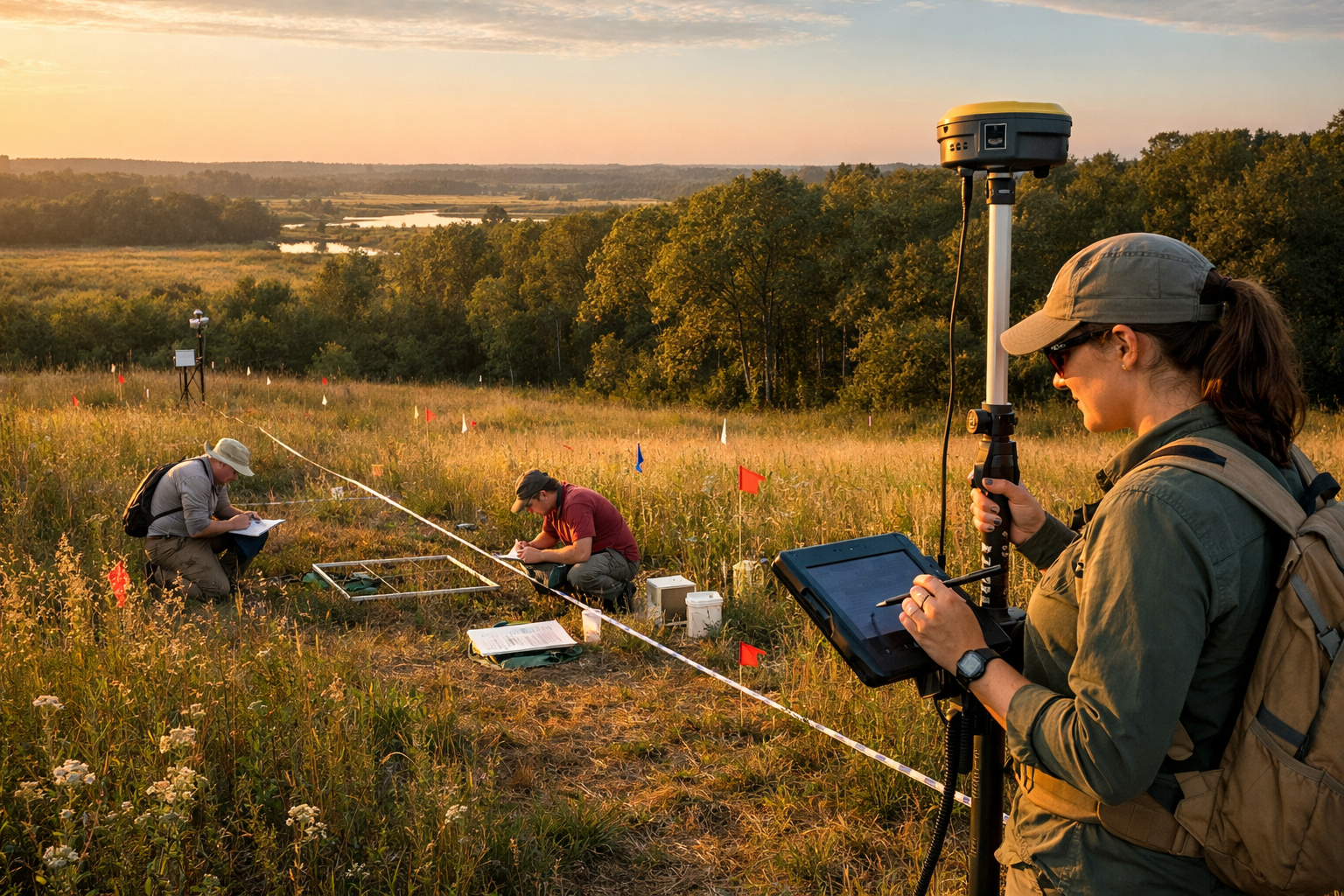 Wide () photograph of field ecologists conducting multi-scale biodiversity survey in diverse habitat, surveyor using GPS