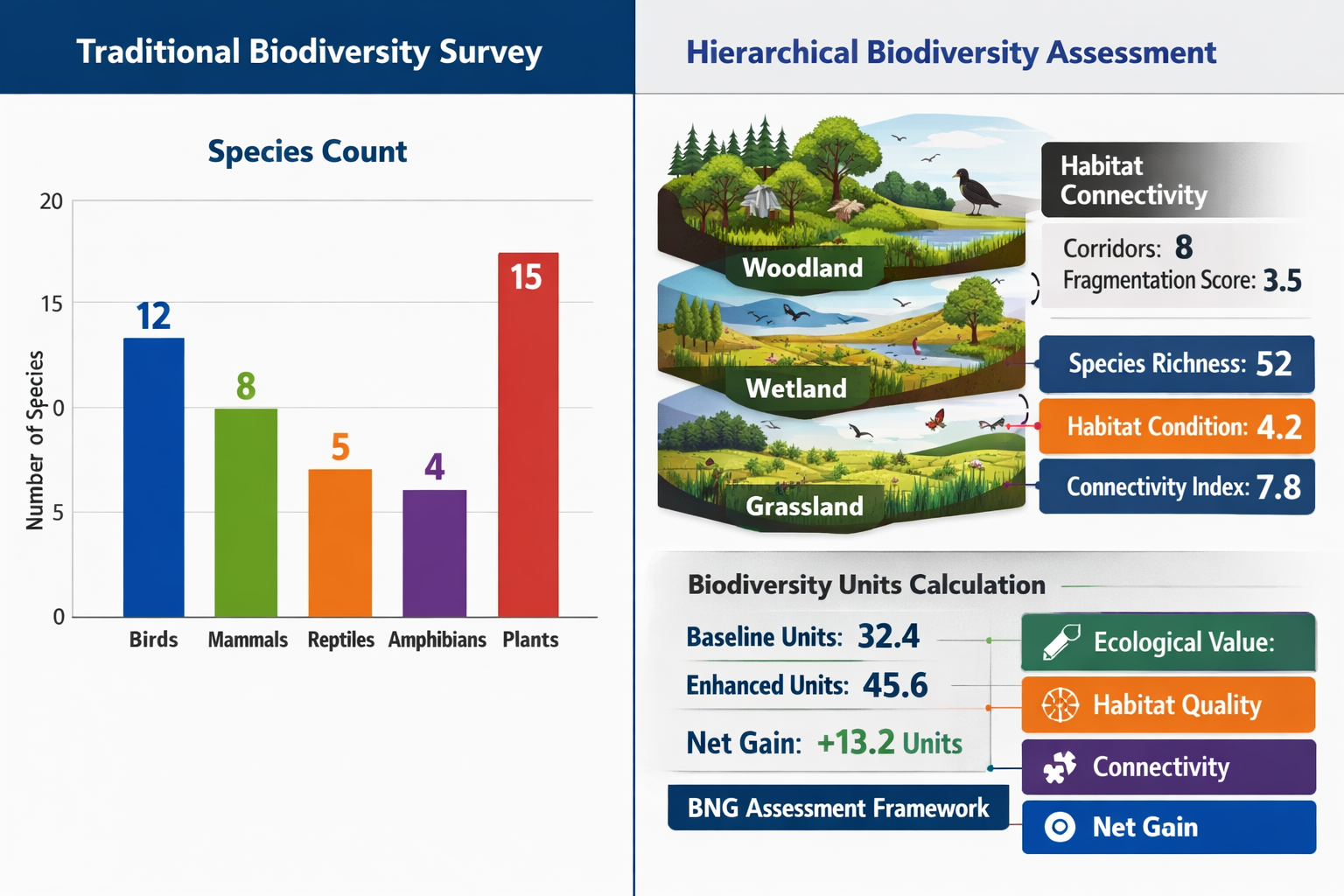 () split-screen comparison showing traditional single-scale biodiversity survey results versus hierarchical multi-scale
