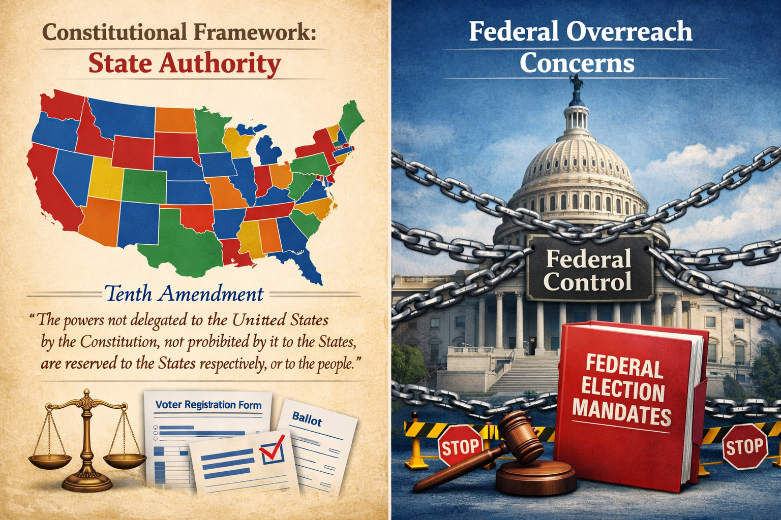 Detailed landscape format (1536x1024) infographic-style image showing a split-screen comparison: left side displays a map of the United Stat