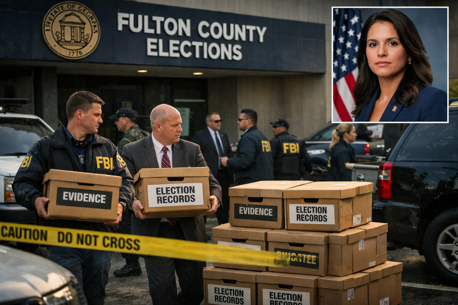 Dramatic landscape format (1536x1024) photojournalistic-style image depicting the Fulton County Georgia elections office exterior with FBI e