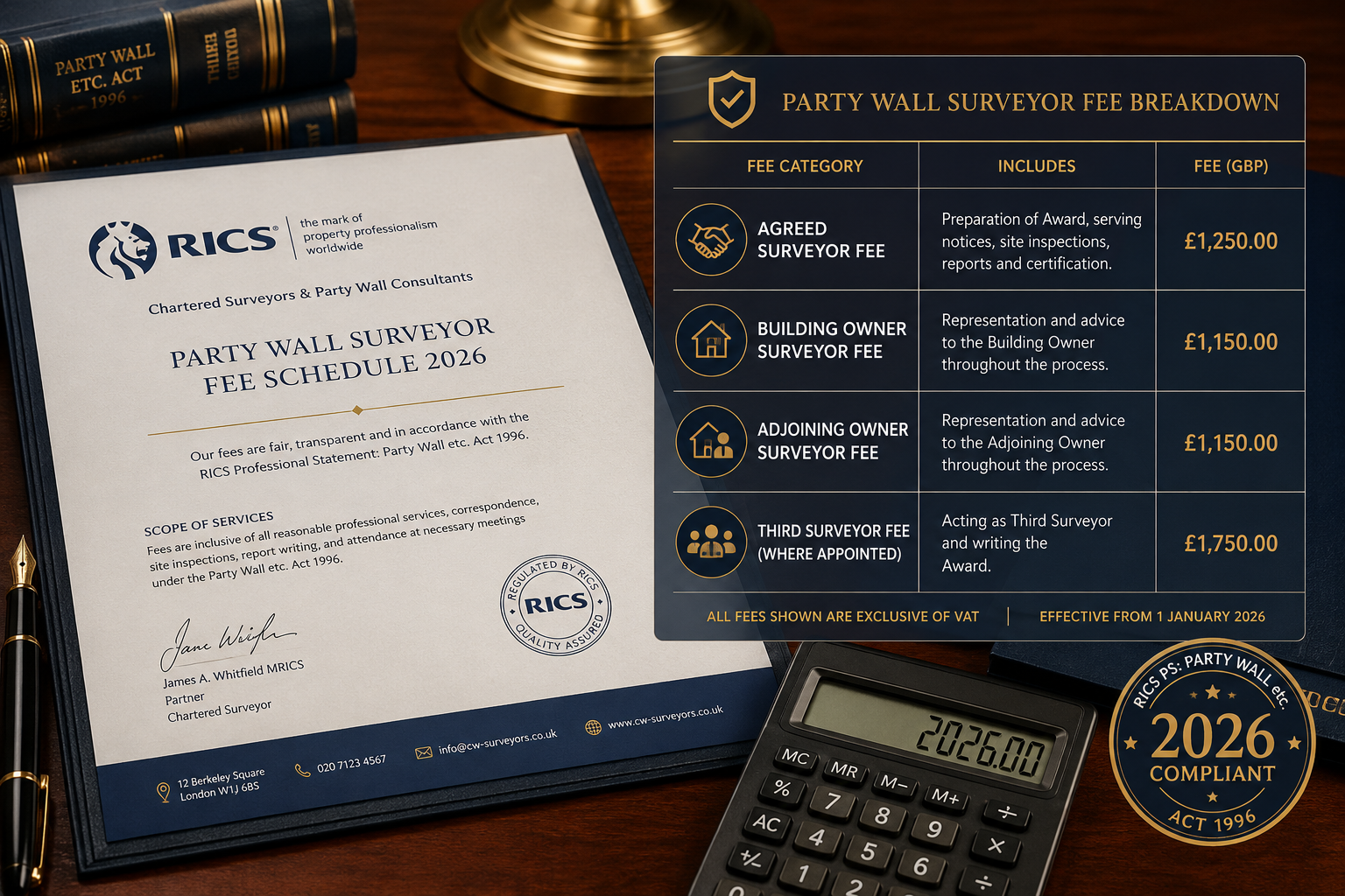 () editorial infographic-style image showing a formal fee schedule document on a polished mahogany desk, with a RICS-branded