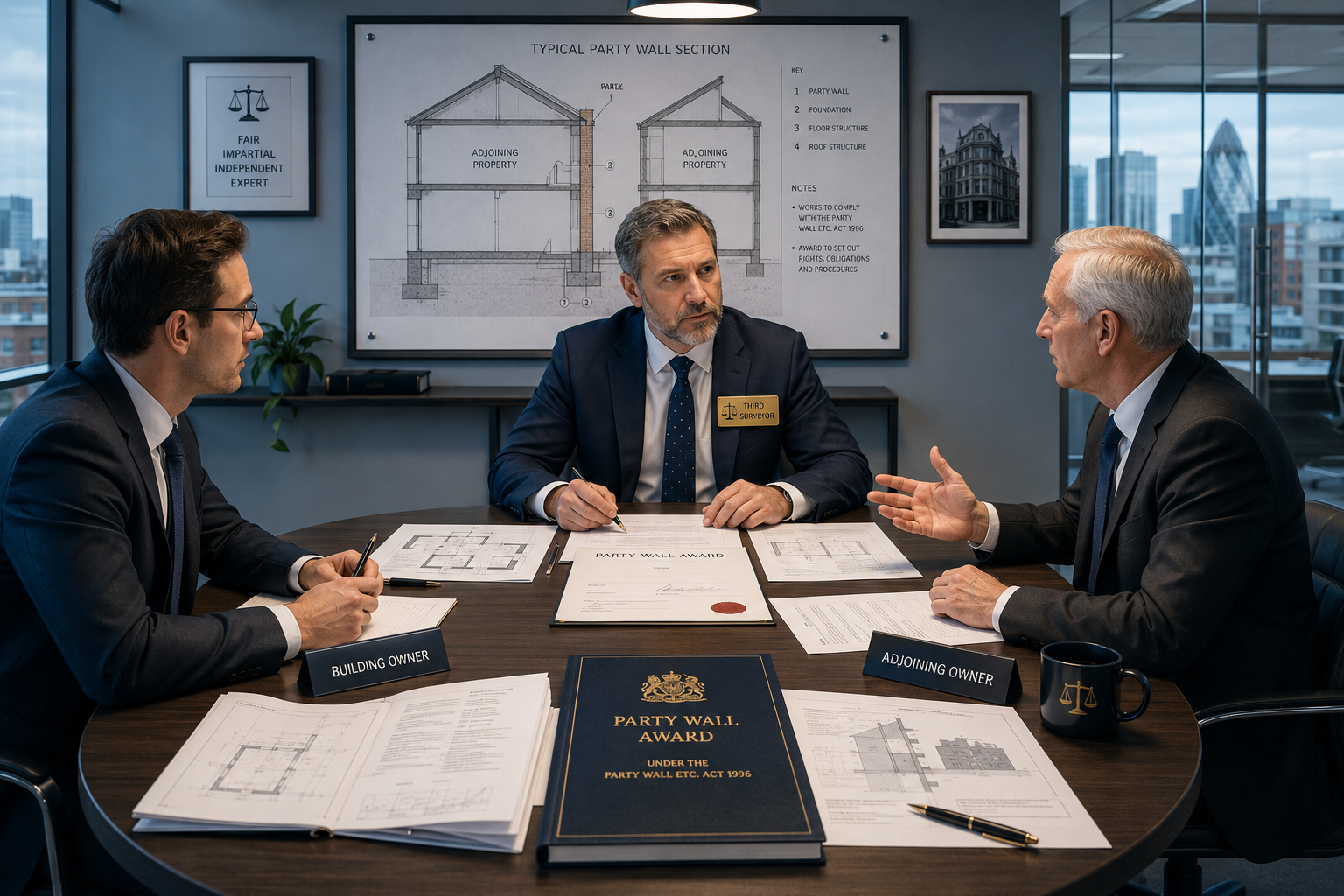 () editorial illustration showing a formal dispute resolution scene: three professional surveyors seated around a circular
