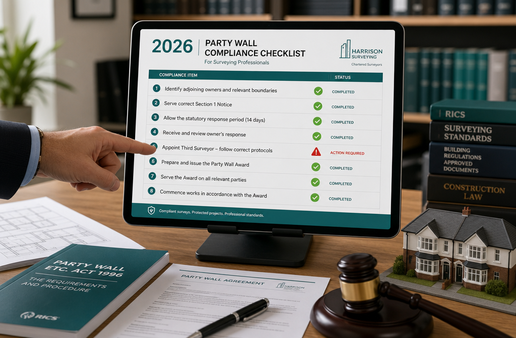 () compliance checklist visual: a large digital tablet mounted on a stand displaying a 2026 RICS party wall compliance