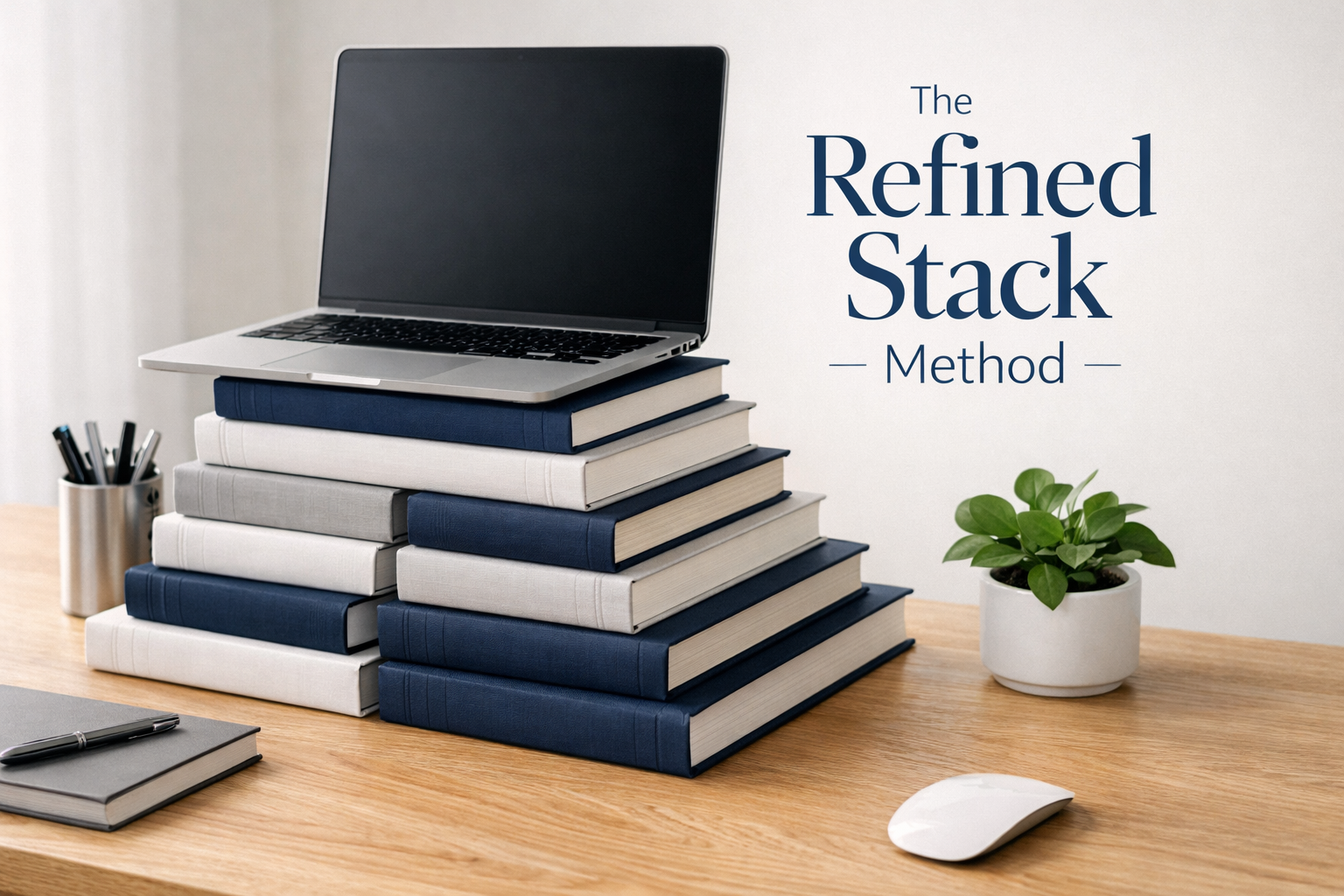 Detailed landscape image (1536x1024) showing refined stack of books laptop stand setup with hardcover design books in coordinating colors (n