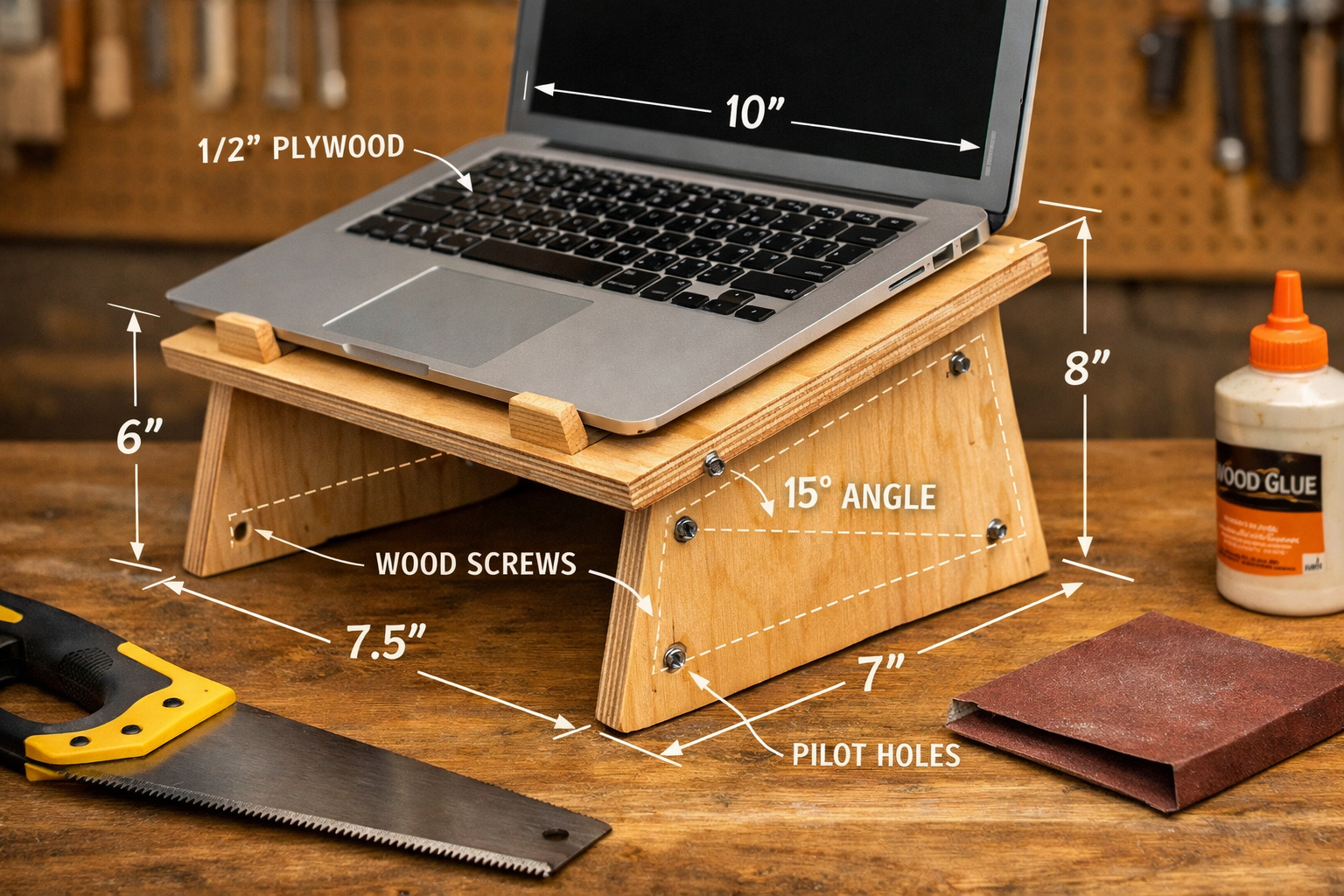 Detailed landscape image (1536x1024) displaying simple wooden laptop riser construction with clear schematic overlay, showing birch plywood 