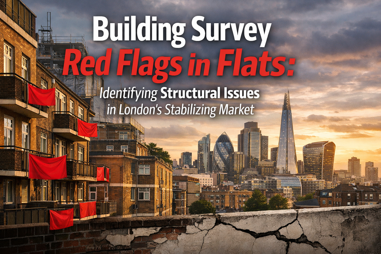 Professional landscape hero image () with : "Building Survey Red Flags in Flats: Identifying Structural Issues in London's