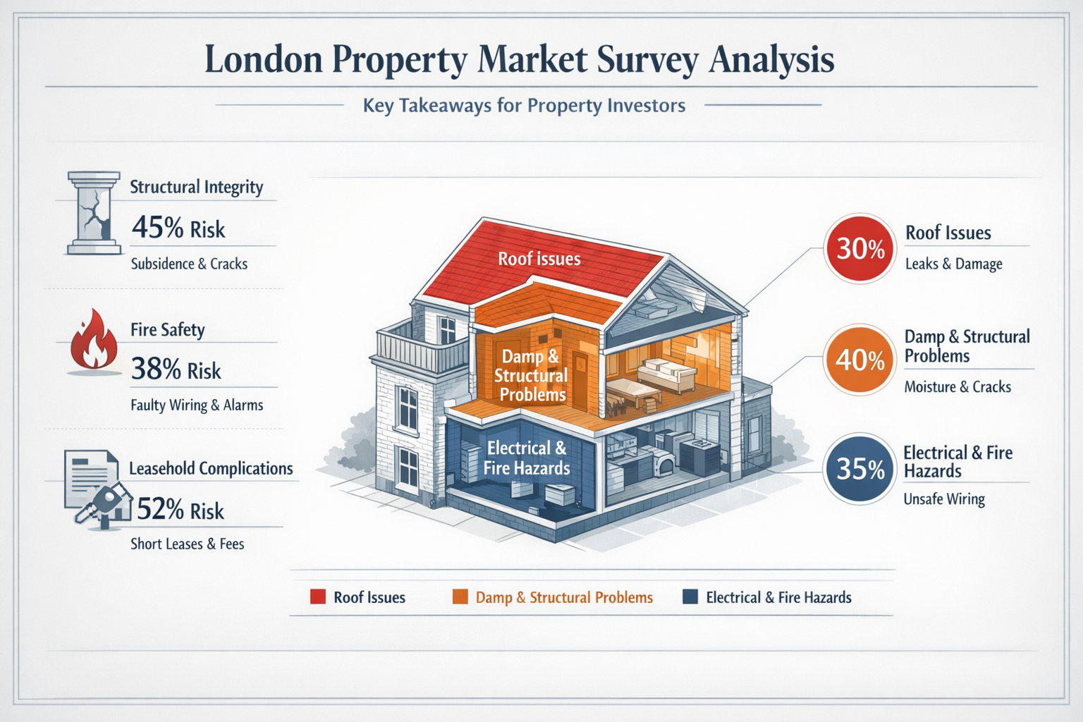 Infographic-style key takeaways visual for London property market survey analysis, featuring a central architectural