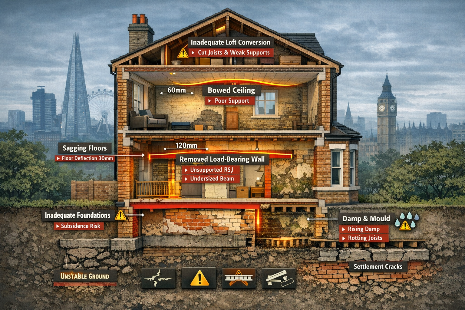 Technical architectural cross-section illustration depicting critical structural defects in London flat conversions,