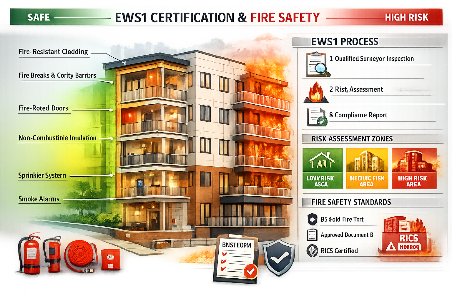 Comprehensive fire safety and EWS1 certification visual featuring a stylized London flat building with transparent layers