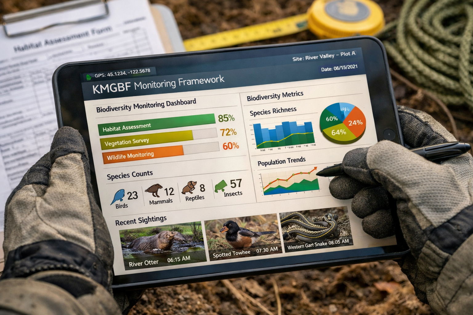 Detailed () editorial image showing close-up of digital survey tablet displaying KMGBF monitoring framework interface with