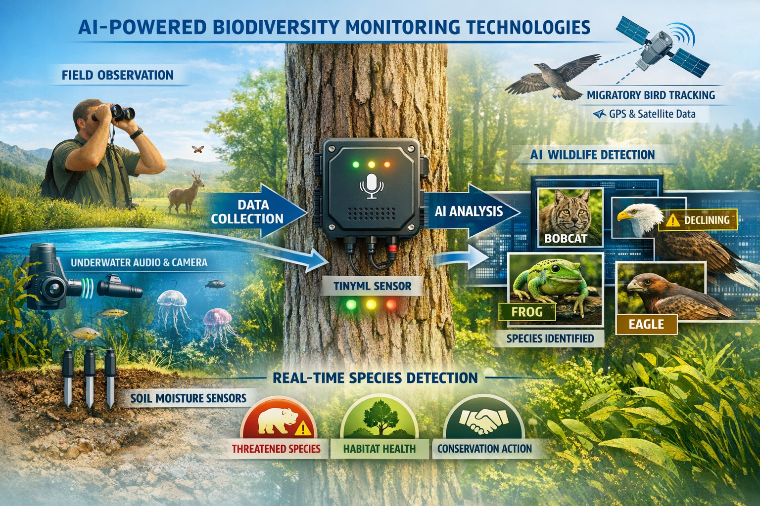 Comprehensive () infographic-style image depicting AI-powered biodiversity monitoring technologies in action. Central focus
